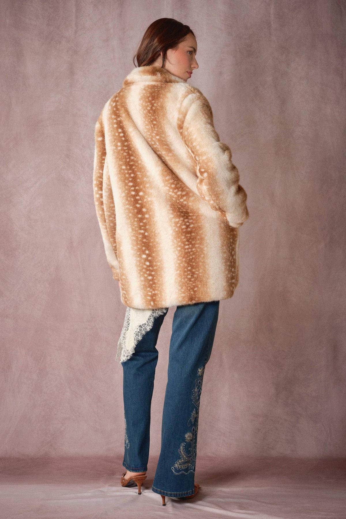 Blue B Deer Print Faux Fur Coat