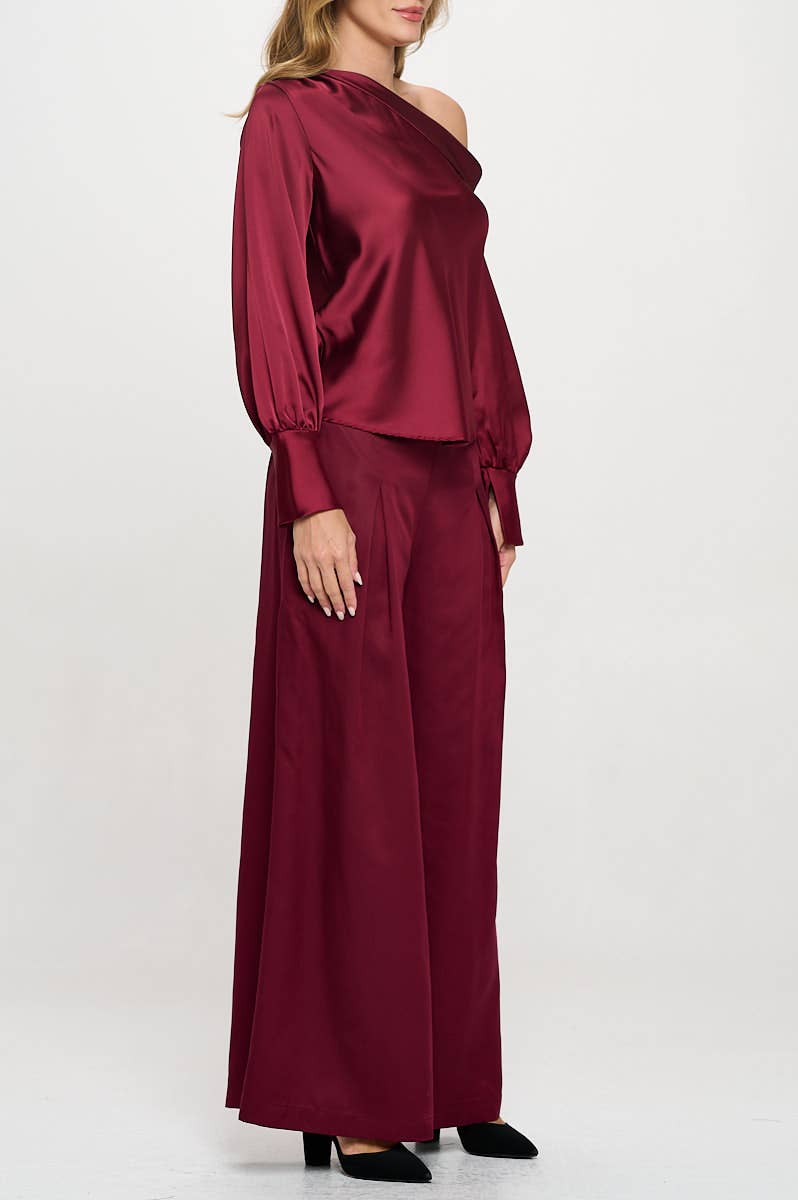 Dropped Shoulder Long Sleeve Satin Top
