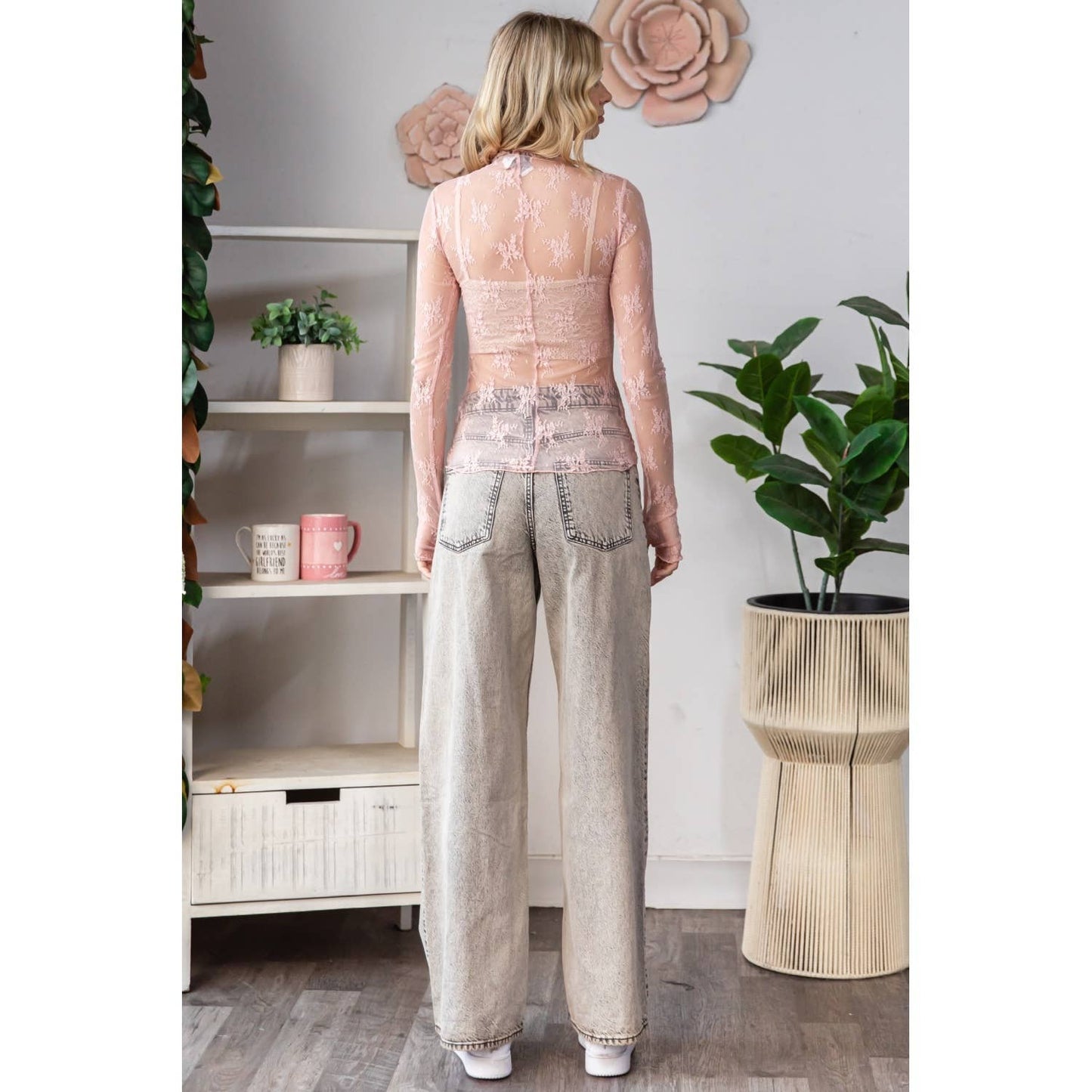 Lace Long Sleeve See Through Top Pink