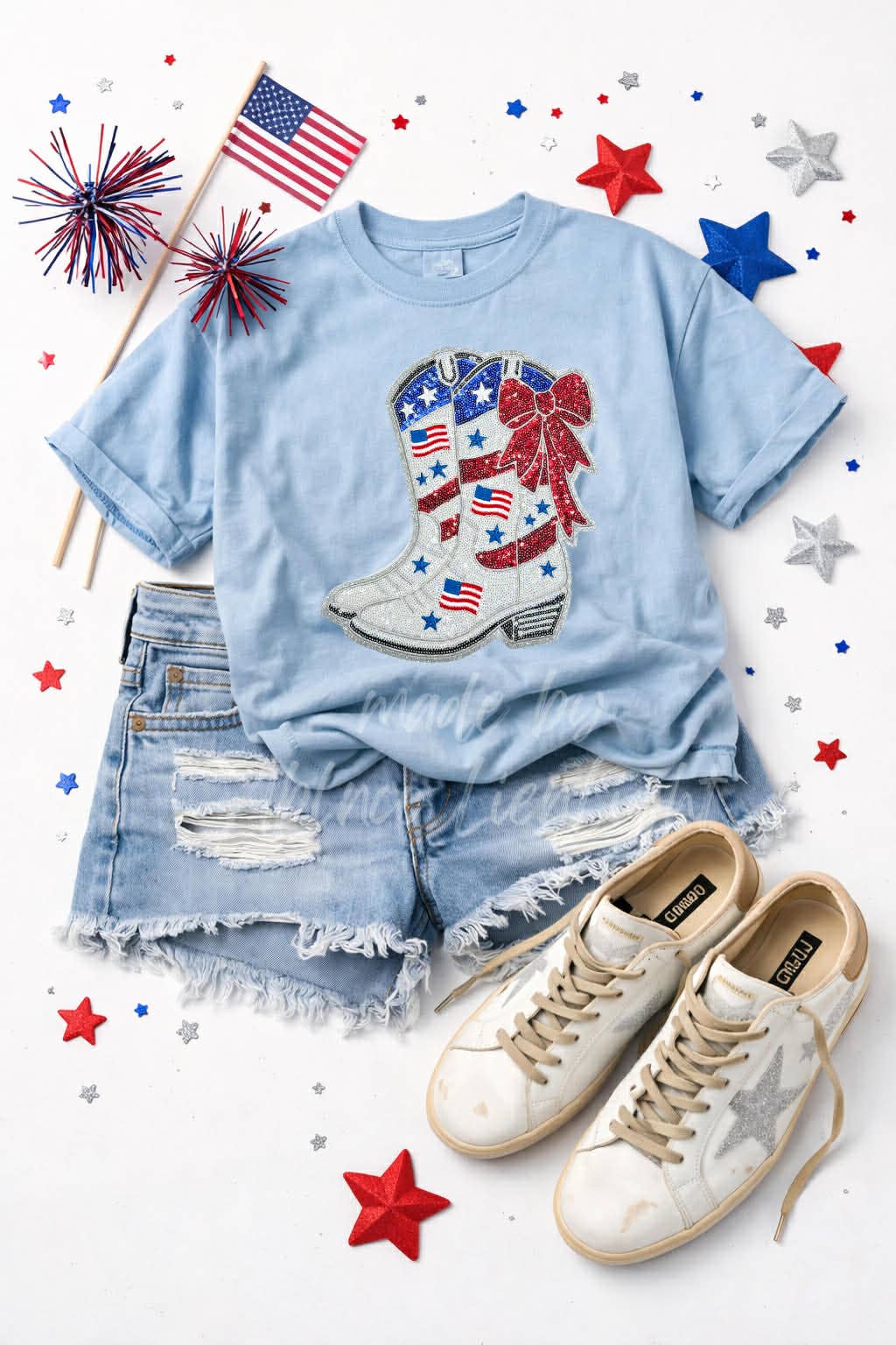 4th of July Boots Sequin Patch T-Shirt