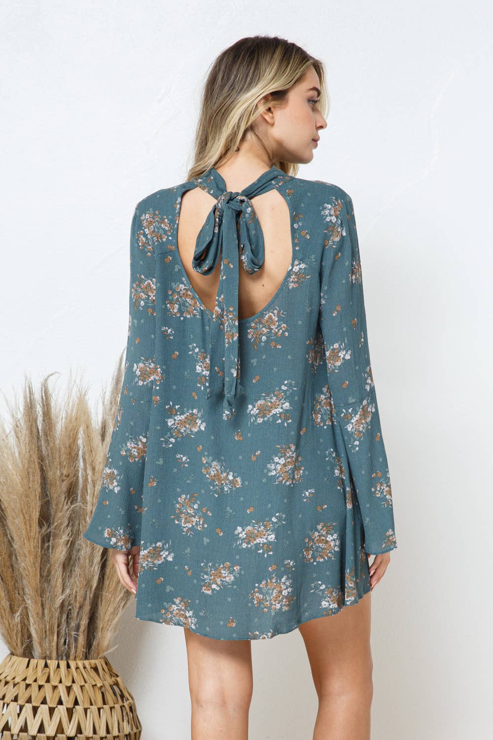 Floral Bell Mock Neck Back Open Tie Neck Mini Dress