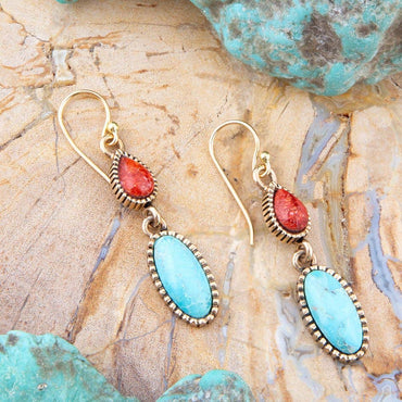 Barse Blue Turquoise and Red Coral Golden Drop Earrings