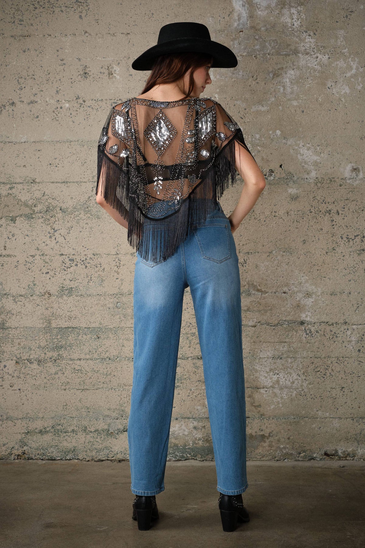 Blue B Sequin Beaded Fringe Mesh Cape