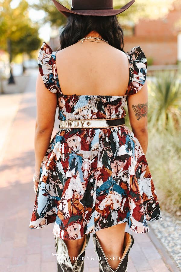 Jacquard Woven Ruffle Strap Flutter Horse Dress
