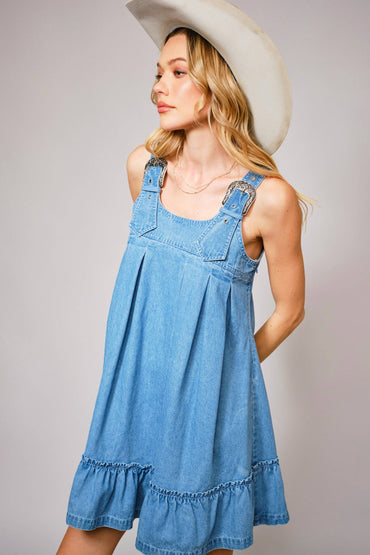 Western Buckle Strap Ruffle Denim Dress