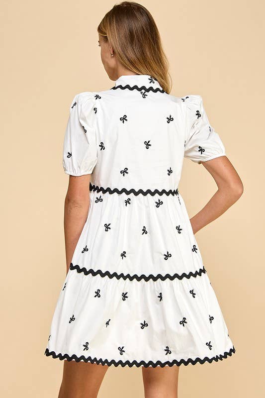 Embroidered Bow Printed Shirt Dress