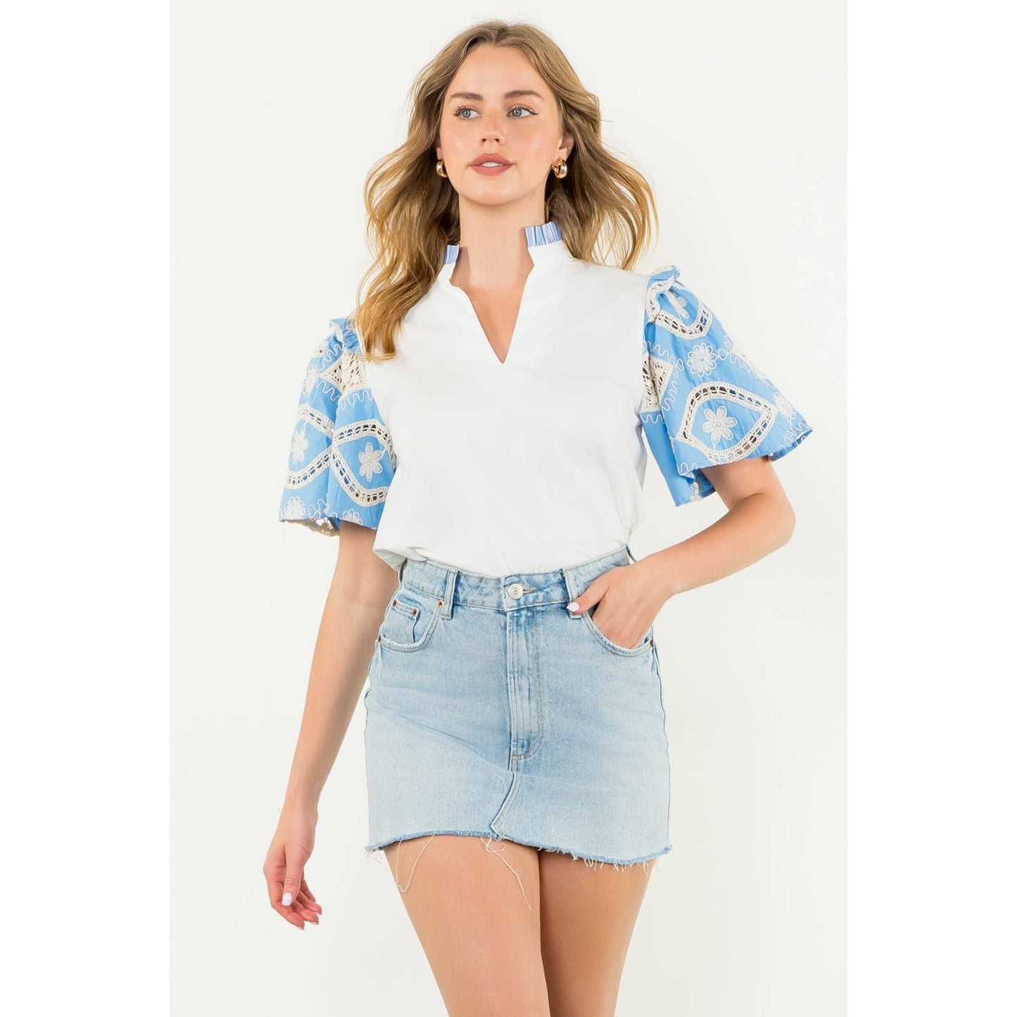Embroidered Sleeve Poplin Top