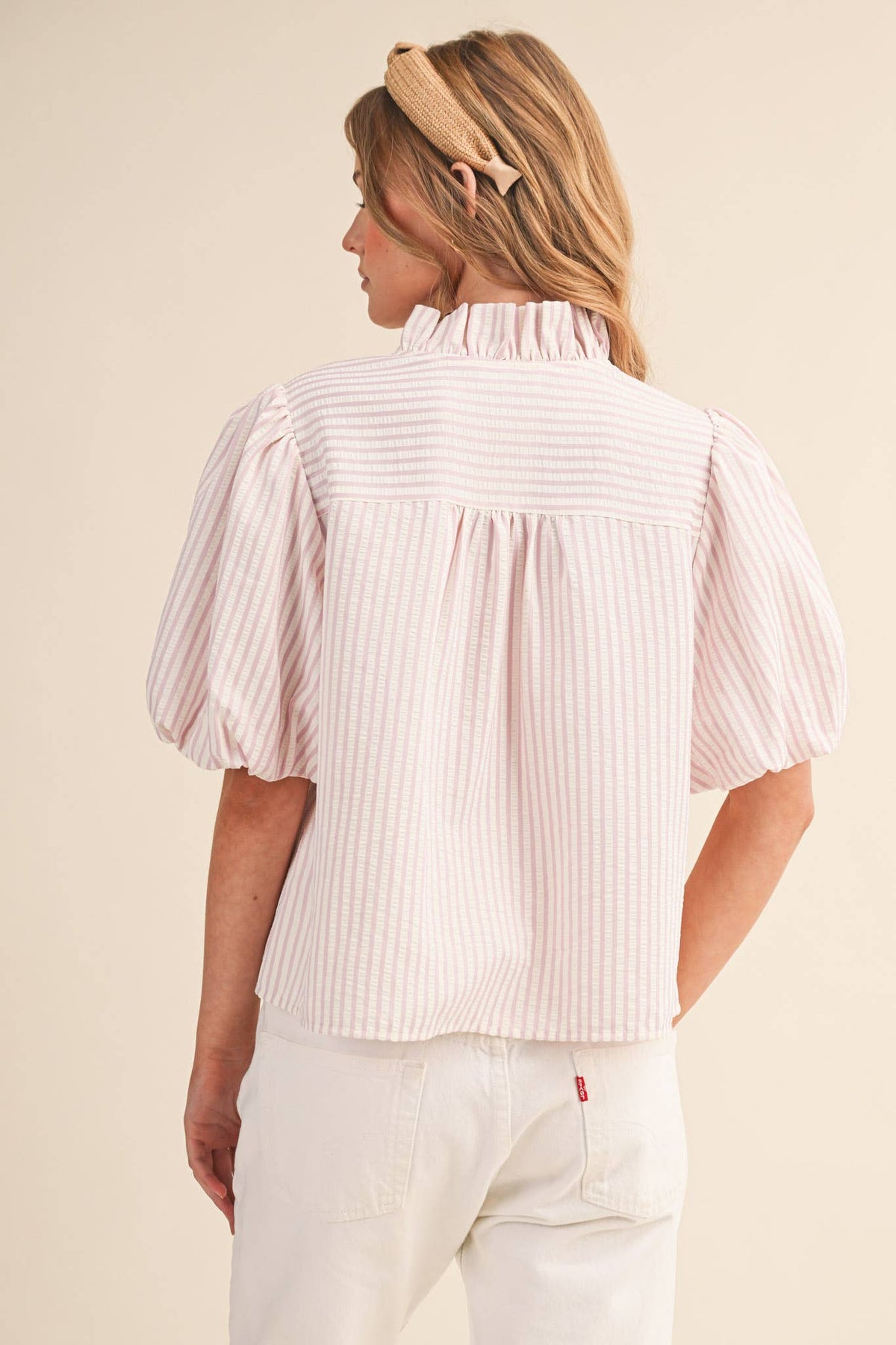 &MERCI Striped Ruffle Button Down Top