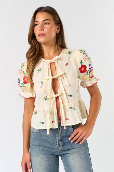 Front Tie Colorful Embroidered Short Sleeve Top
