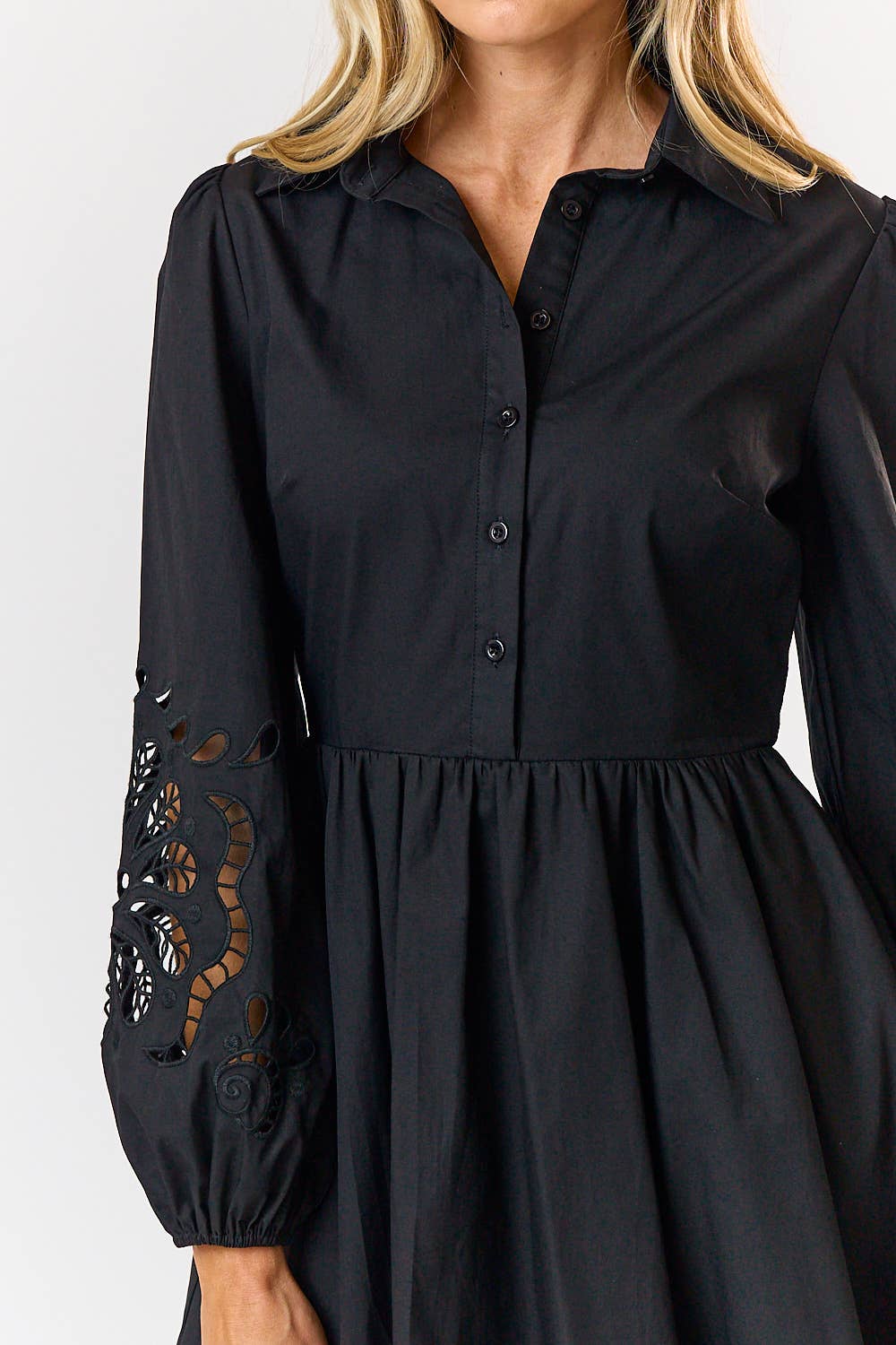 Embroidered Floral Button Up Flared Mini Dress