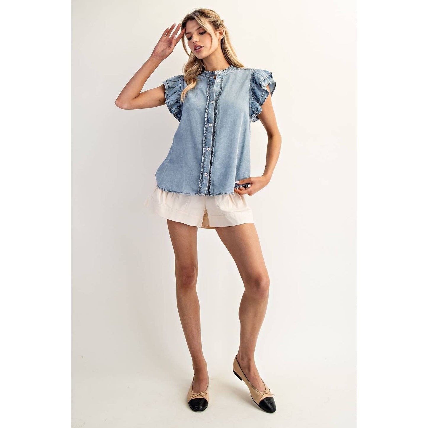 Washed Ruffle Trim Chambray Blouse