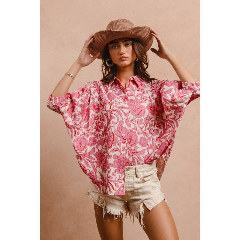 FLORAL PRINT SHORT DOLMAN SLEEVES BLOUSE