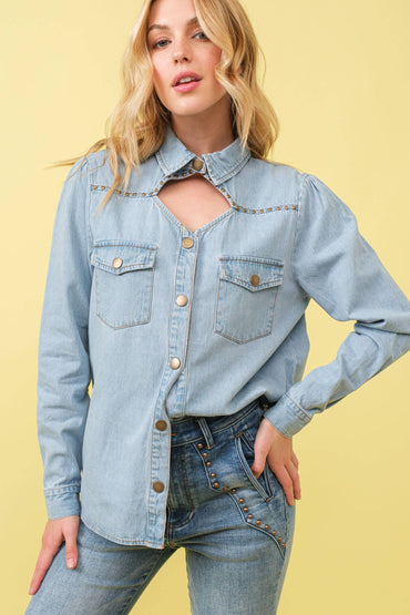 Chambray Cut Out Studded Collard Shirt Blouse
