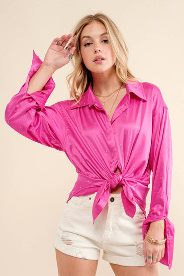 Satin Woven Rhinestone Studded Gem Sparkle Shirt