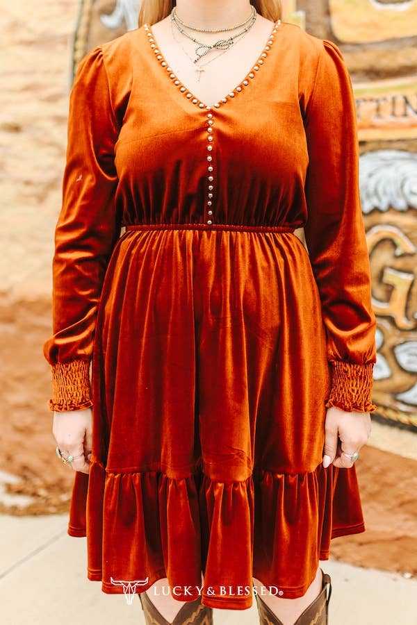 LUCKY & BLESSED Rust Velvet Vintage Studded Dress