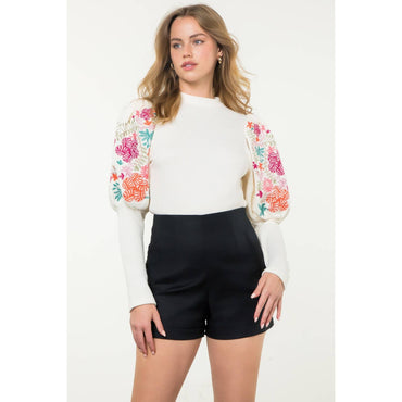 Embroidered Bishop Sleeve Sweater Top