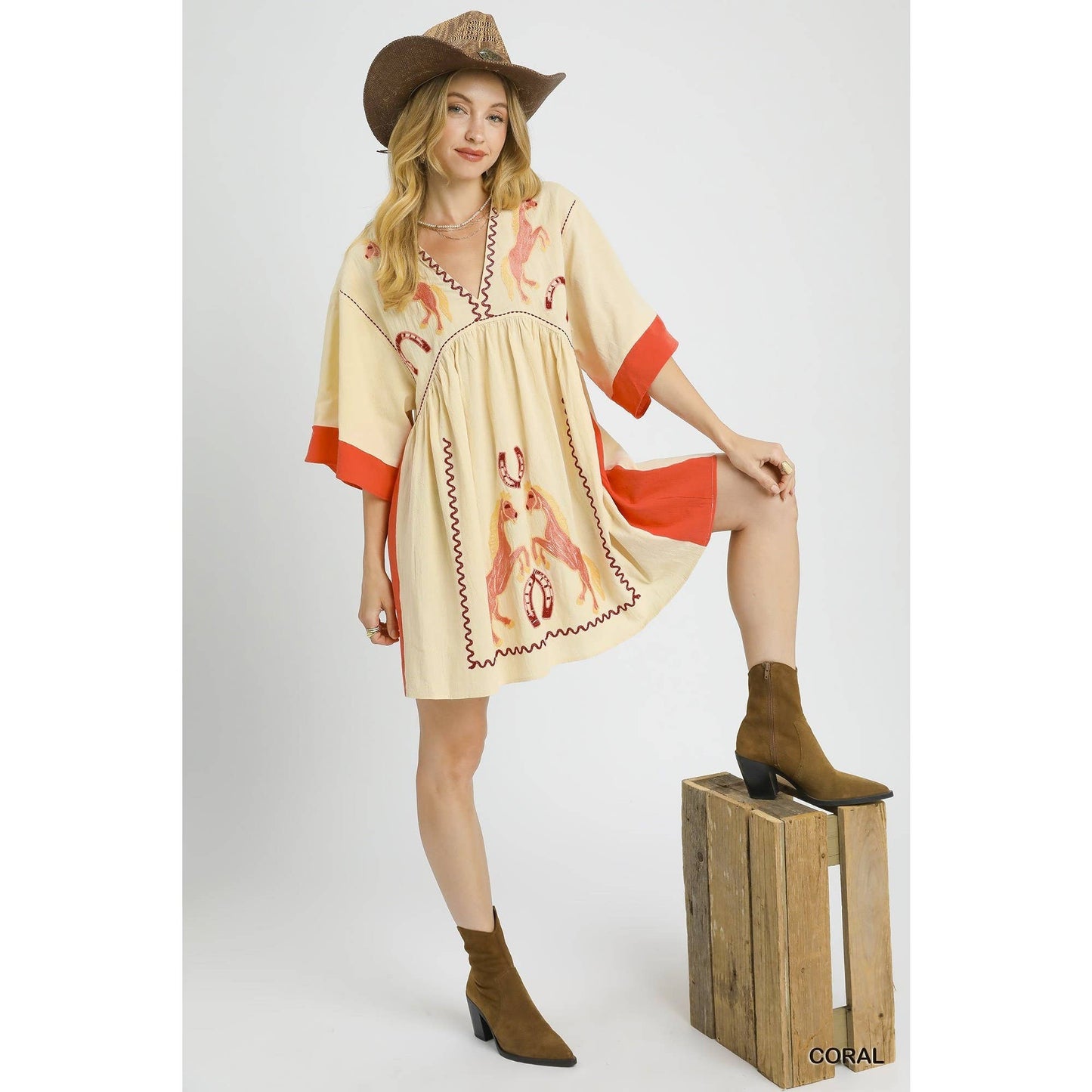 Western Horse Embroidered V Neck Babydoll Dress