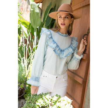 Long Sleeve Ruffle Denim Top