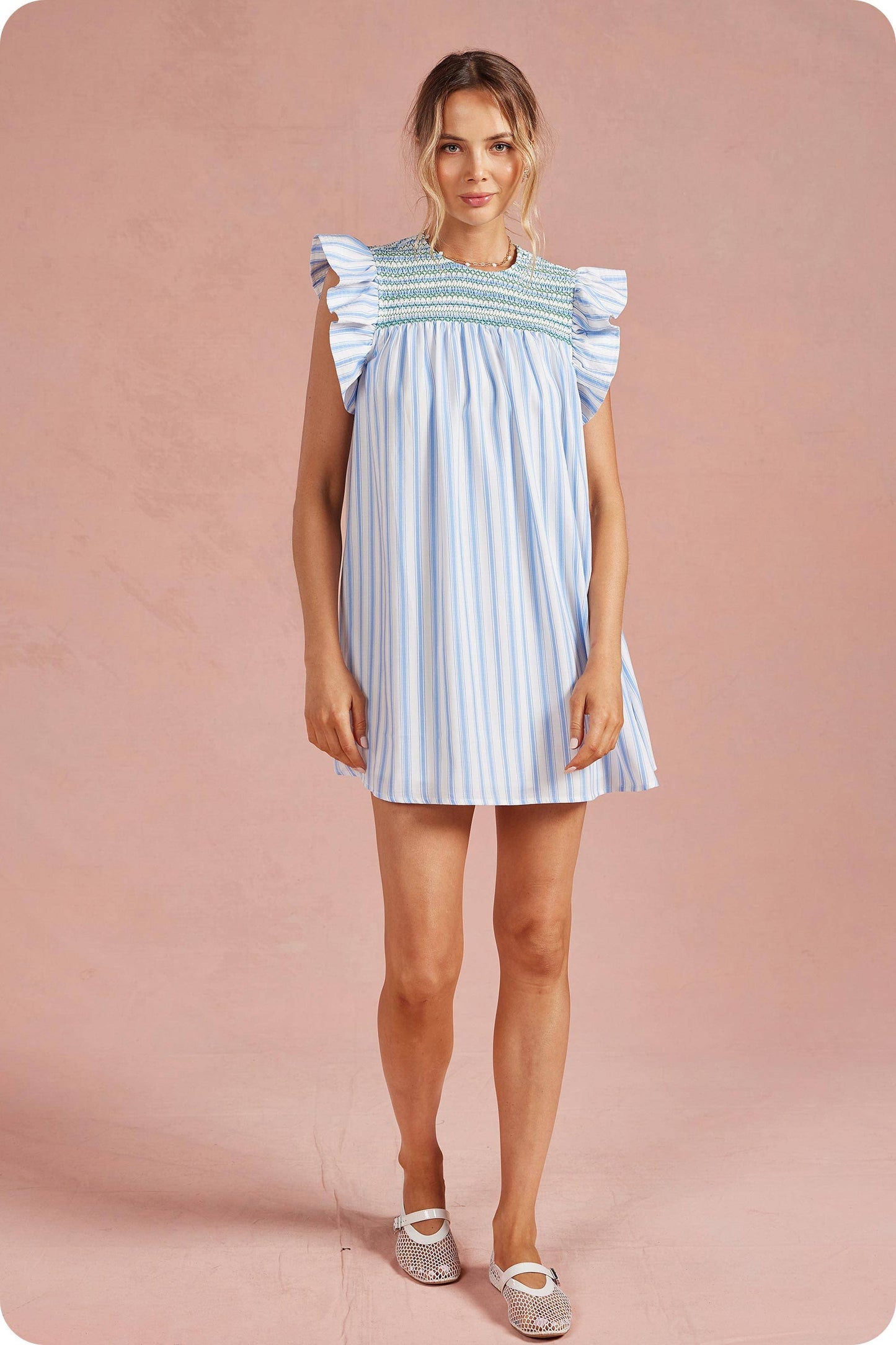 Stripe Color Smocking Detail Mini Dress