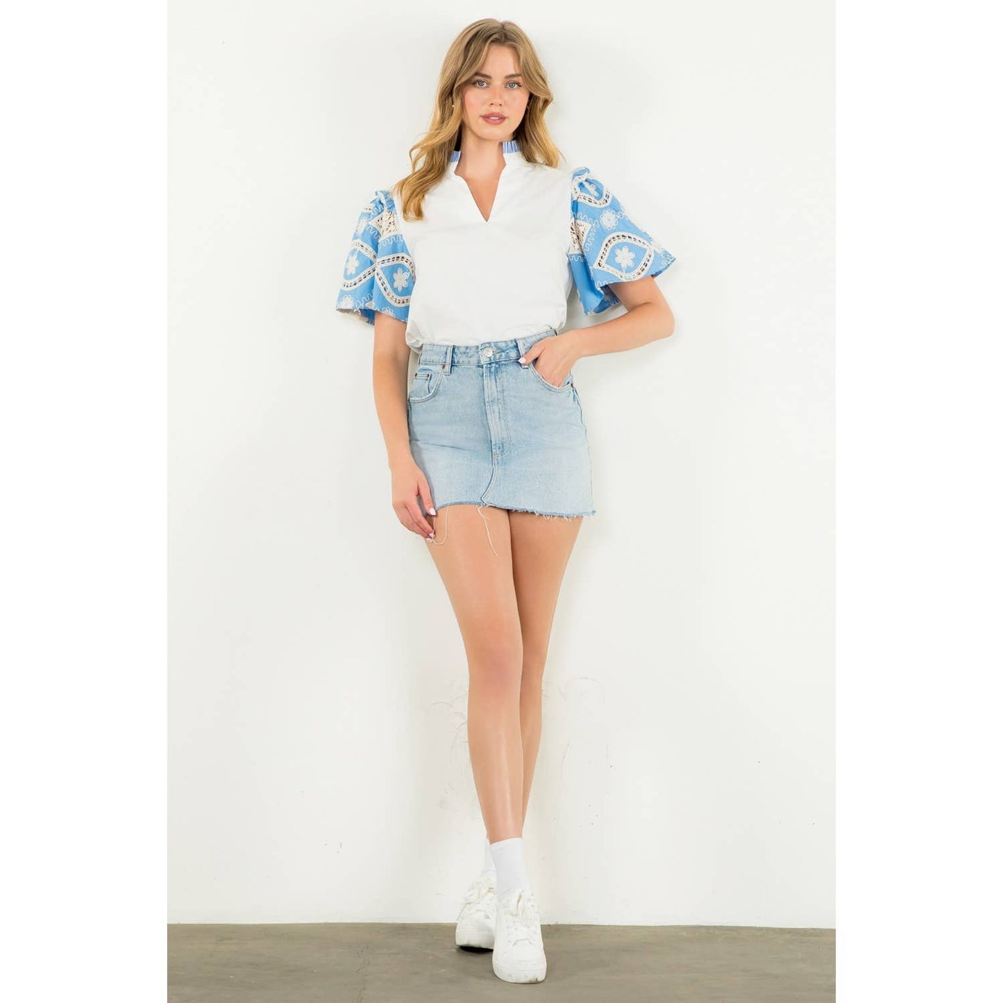 Embroidered Sleeve Poplin Top