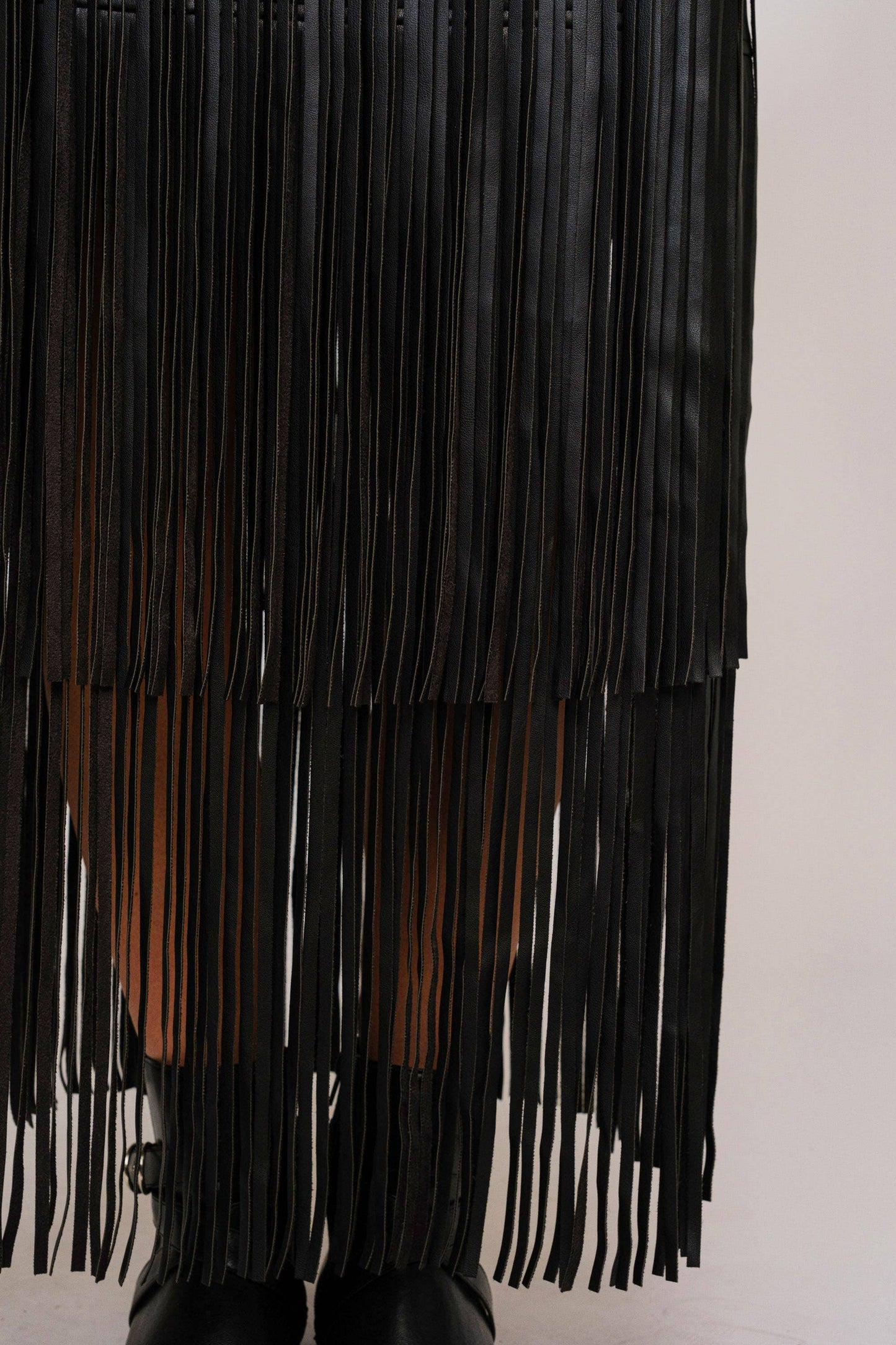 Faux Leather Tiered Fringe Maxi Skirt- Black