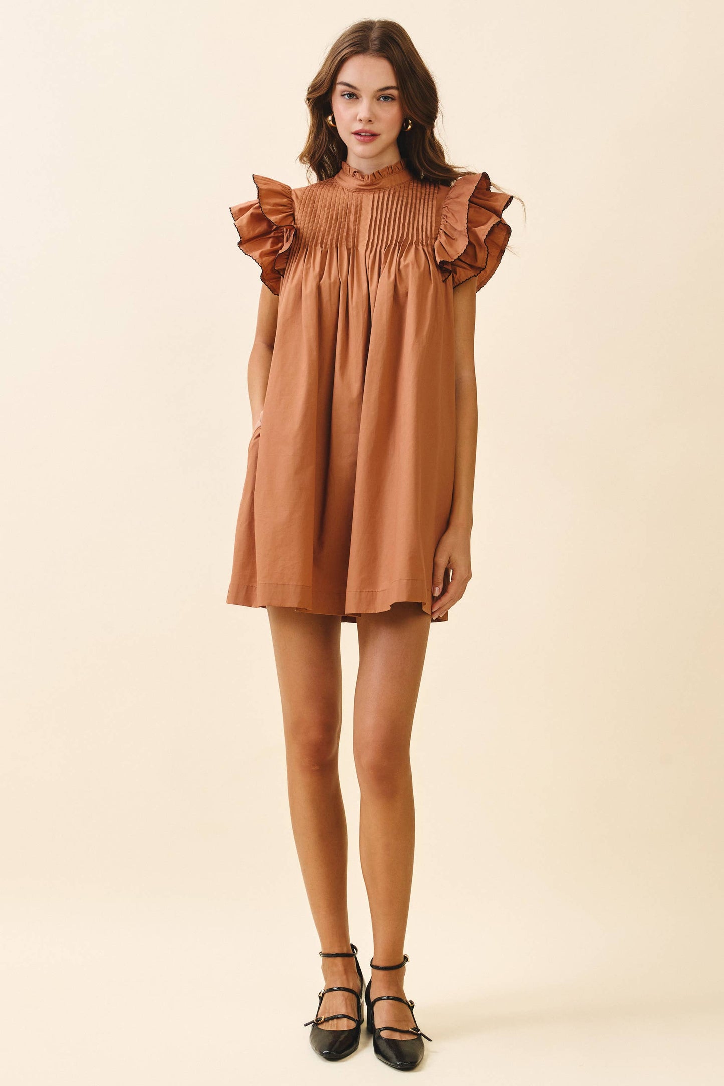 TCEC Back Button Down High Neck Babydoll Mini Dress