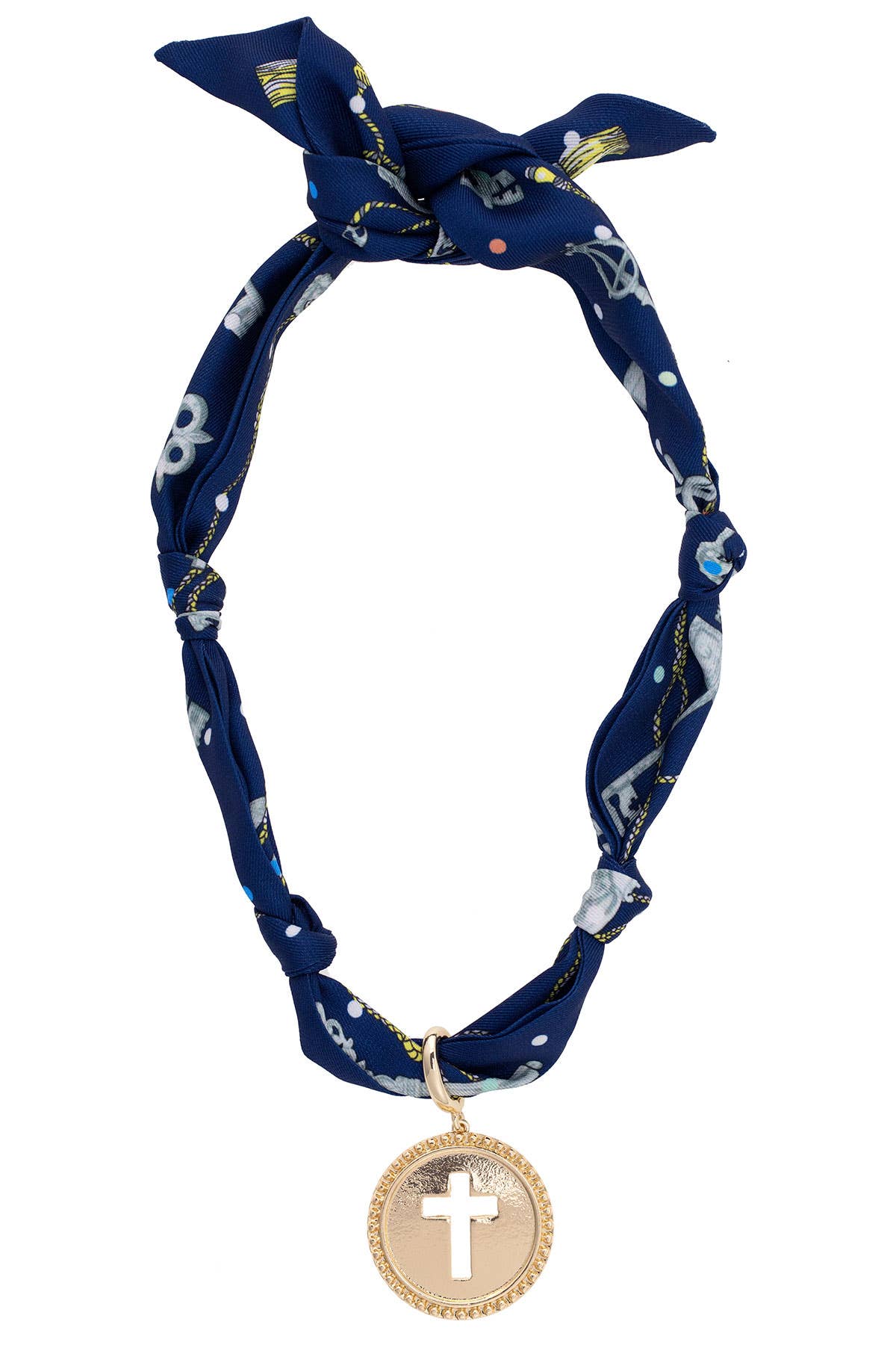Canvas Style Elodie Cross Coin Scarf Necklace in Navy & Seafoam