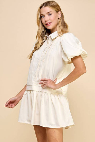 Pleat Detail Puff Sleeves Shirt Dress