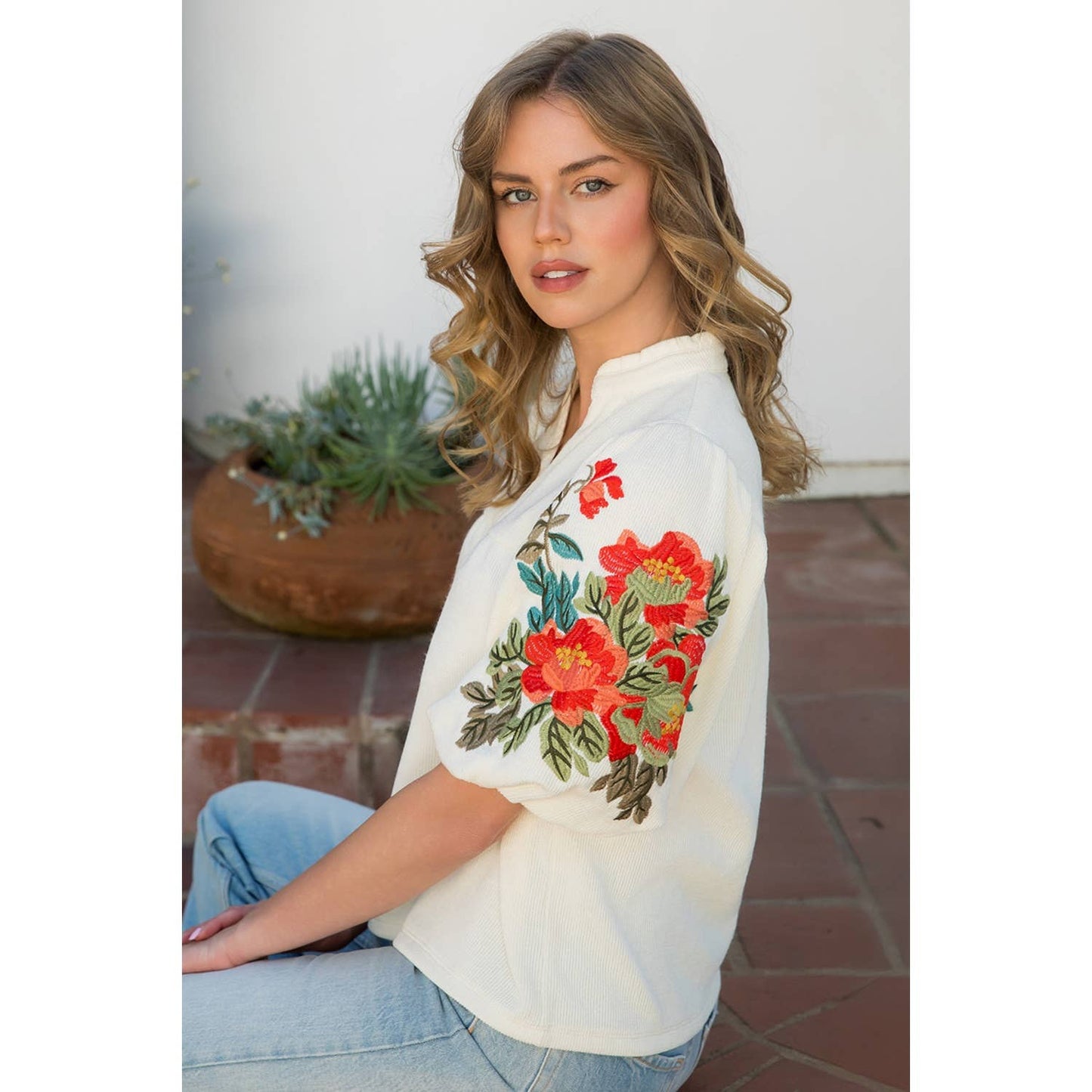 Embroidered Puff Sleeve Top