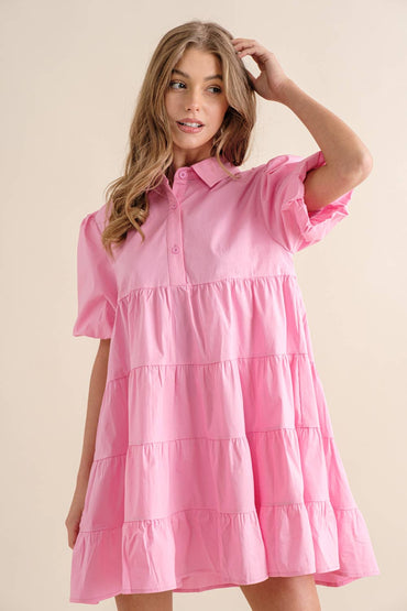 Button Up Tiered Puff Sleeve Shirt Dress