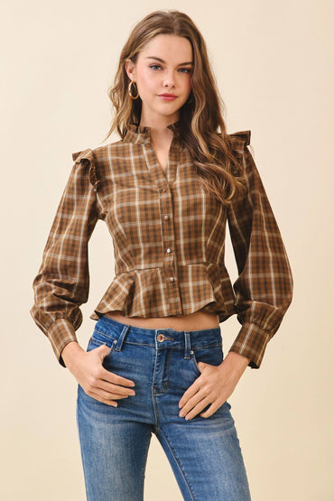Plaid Button Front Ruffle Accents Peplum Hem Top