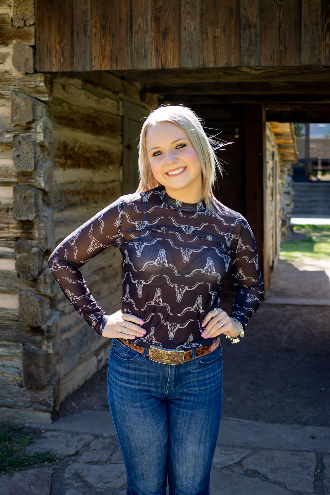 Cowskull Pattern Long Sleeve Western Mesh Top