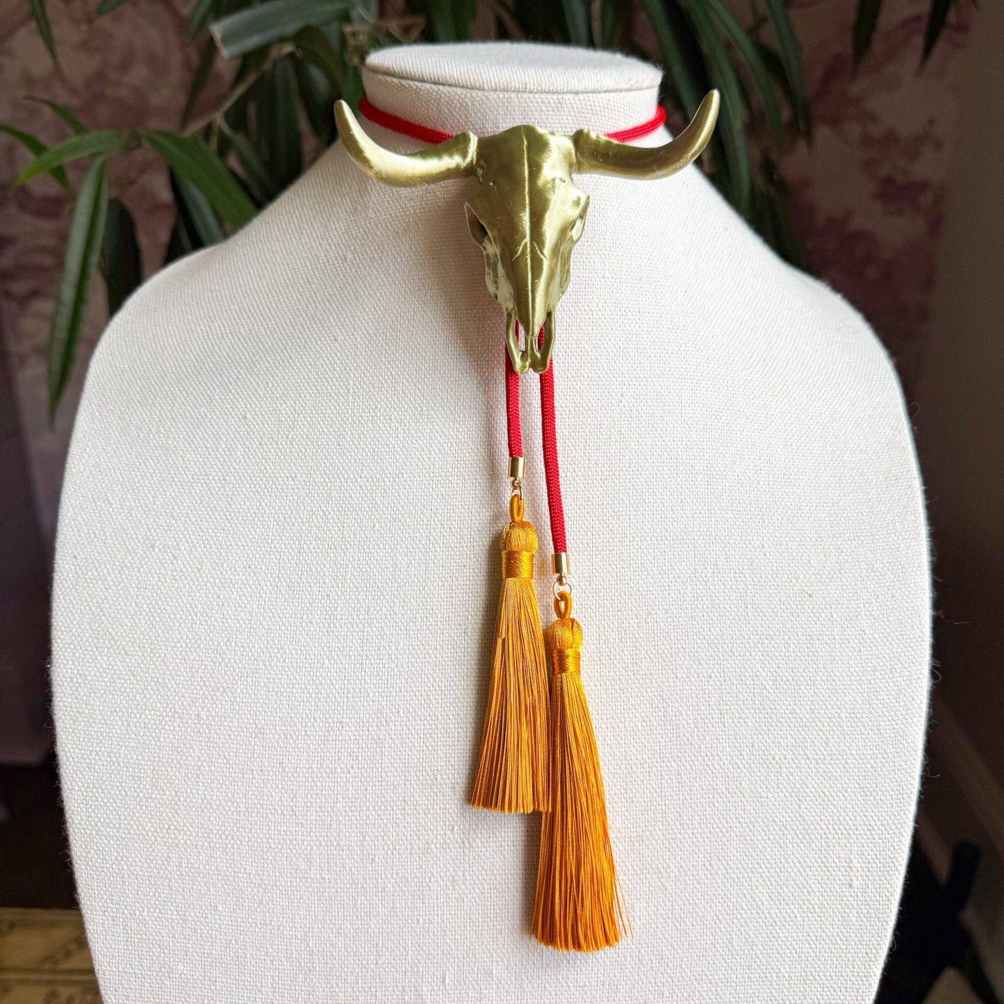 Rahya Jewelry Design Longhorn Bolo Antique Bronze with Candy Red & Golden Yellow
