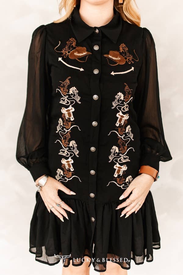 LUCKY & BLESSED Black Western Embroidered Arrow Ruffle Dress
