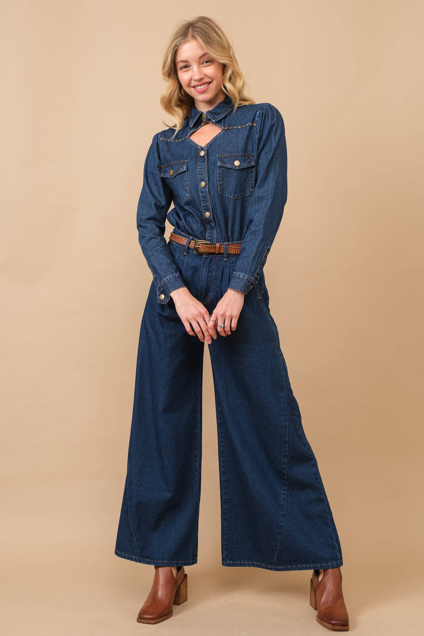 Chambray Cut Out Studded Collard Shirt Blouse