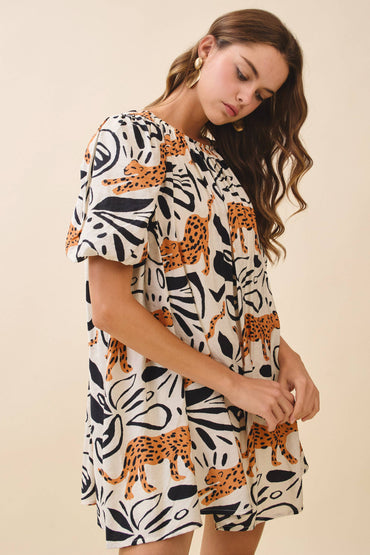 Leopard Print Gathered Round Neck Mini Dress