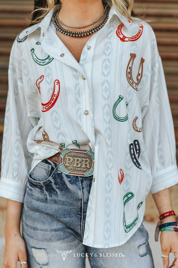 Ivory Horse Shoe Aztec Printed Button Down Top