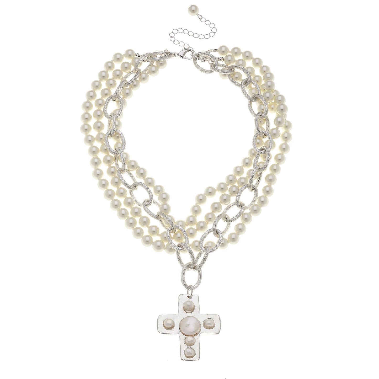 Susan Shaw Silver Cross with Freshwater and Coin Pearls Necklace