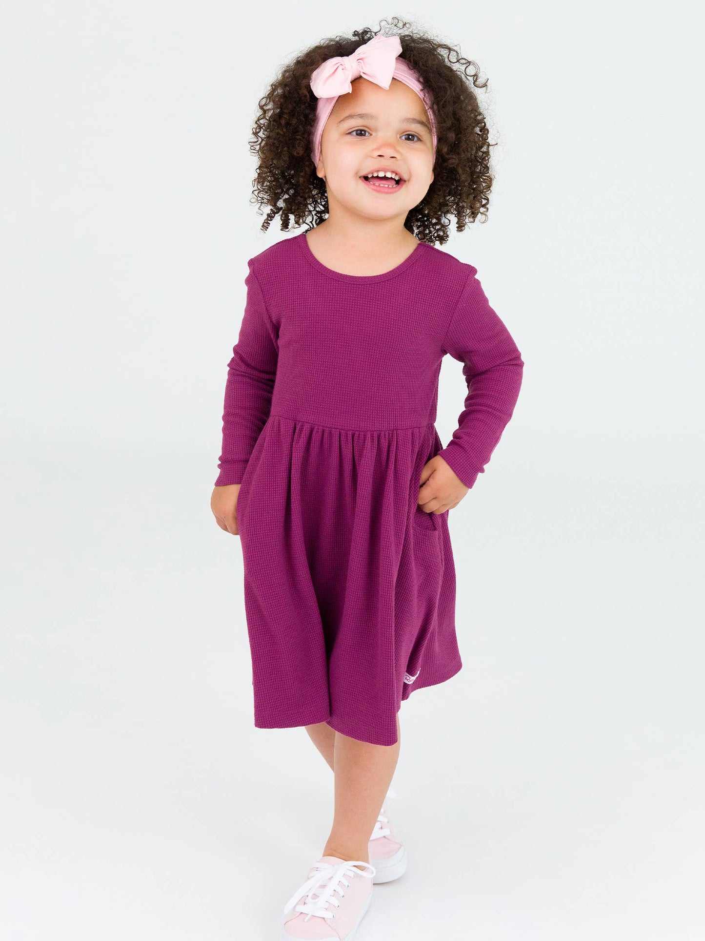Girls Purple Waffle Knit Long Sleeve Dress
