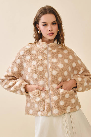 Polka Dot High Collar Front Zip Sherpa Jacket