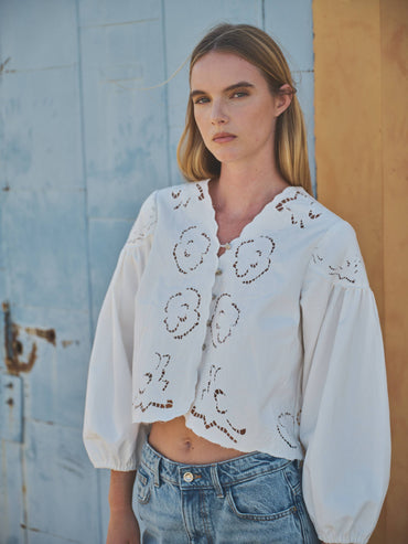 Denim Embroidery Puff Sleeve Top