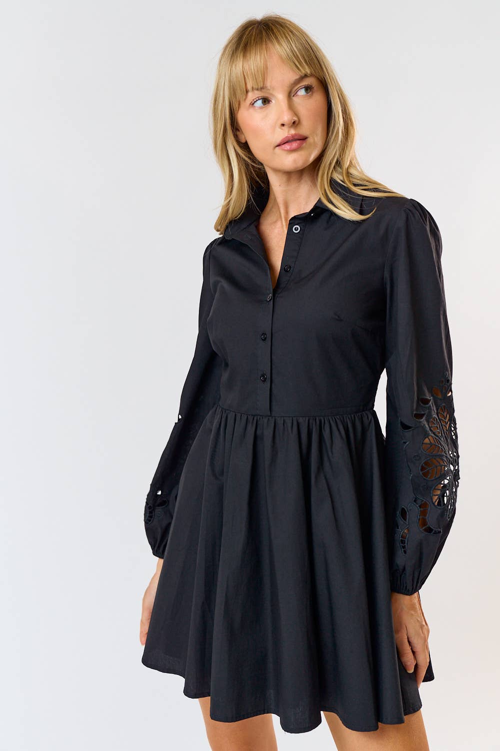 Embroidered Floral Button Up Flared Mini Dress
