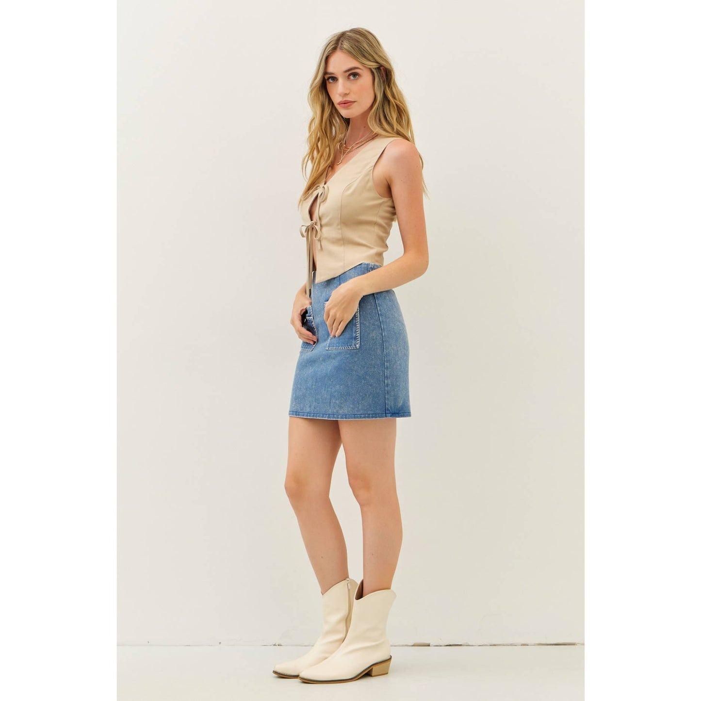 Denim Mini Skirt with Stitch Pockets