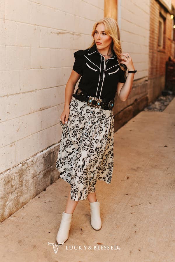 Floral Horse Printed Button Down Yoke Skirt