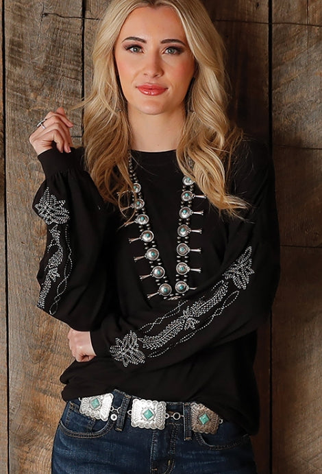 Boot Stitch Embroidered Long Sleeve Sweater Knit Top