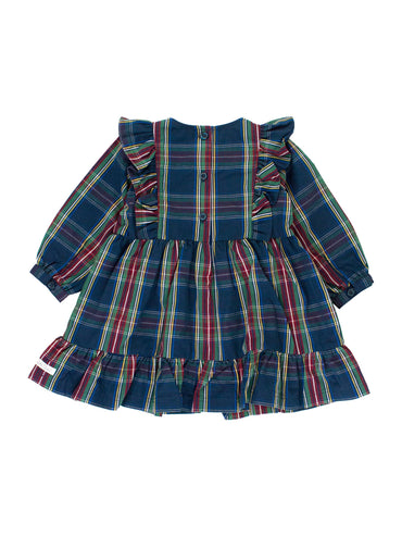 Girls Navy Plaid Ruffle Bow Dress