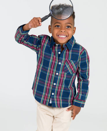 Boys Navy Plaid Button Down Shirt