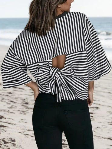 Striped Tied Bow Back Drop Shoulder Tee