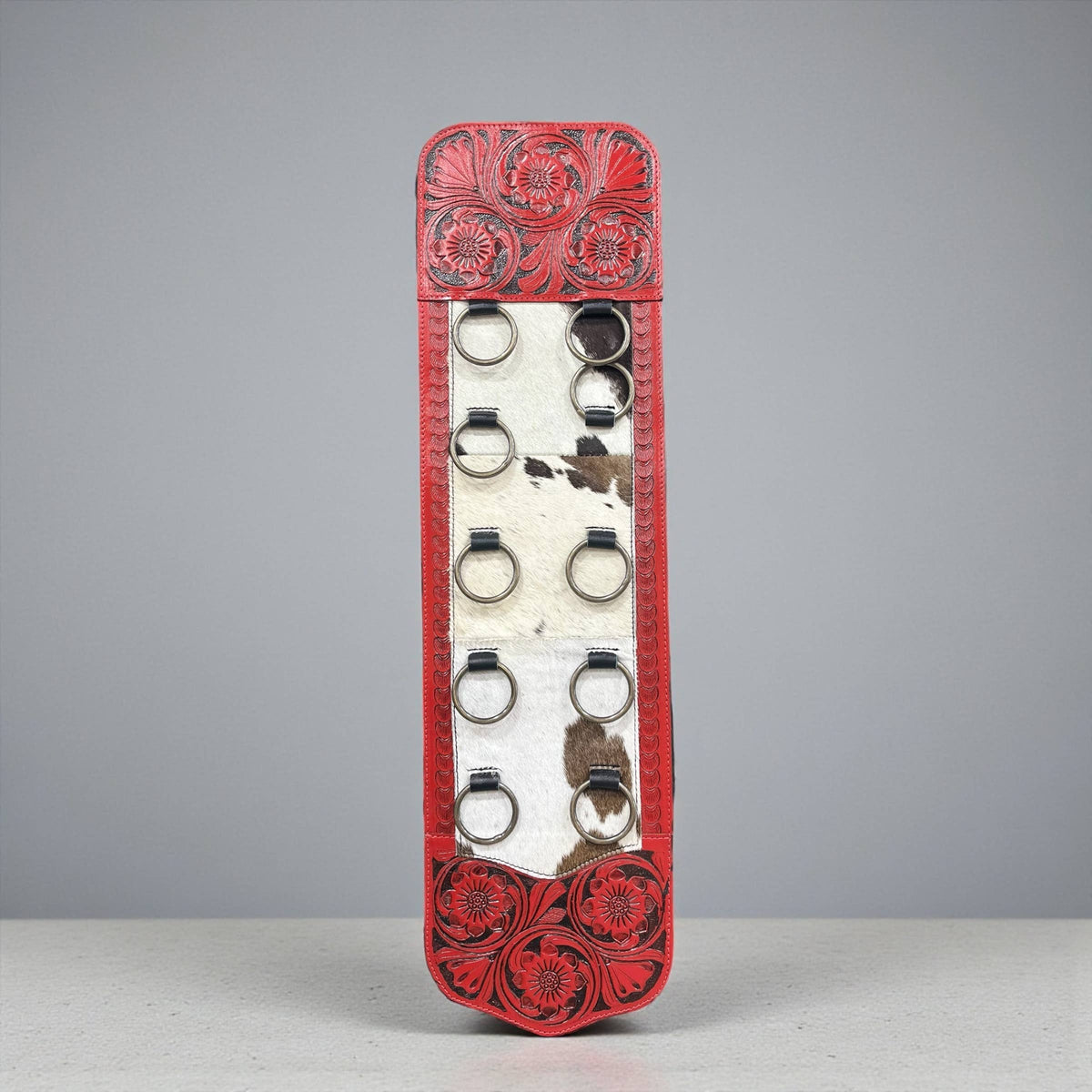 Red Tooled Leather & Cowhide Scarf Display
