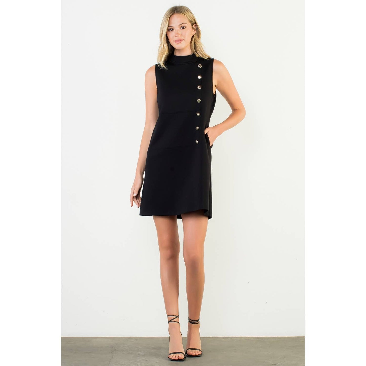 Button Detail High Neck Sleeveless Dress